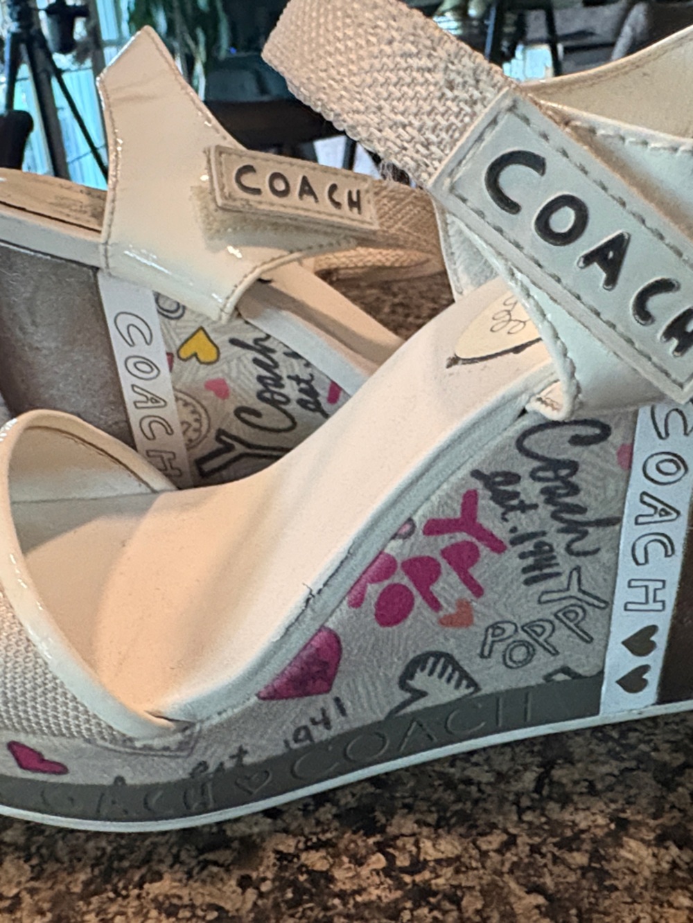 Coach White Graffiti-Print Wedge Sandals with Pink Accents